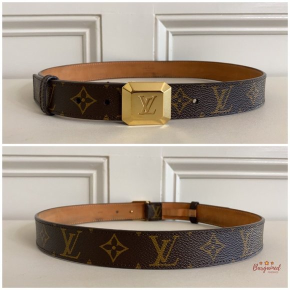 Authentic Louis Vuitton Monogram Canvas Cabochon Gold Logo Buckle Belt 80/32 - Picture 5 of 13